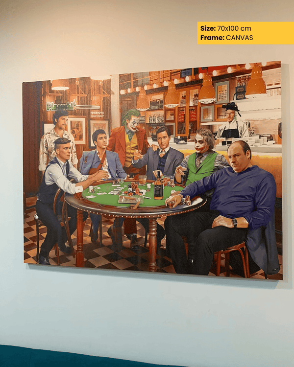 Canvas print of a poker game scene in a bar, displayed on a wall.