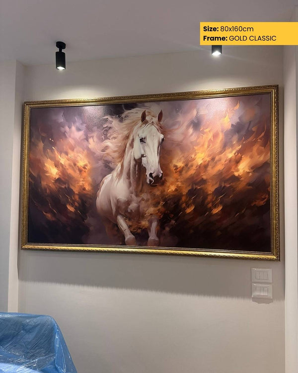 Framed artwork of a horse on a wall with gold frame