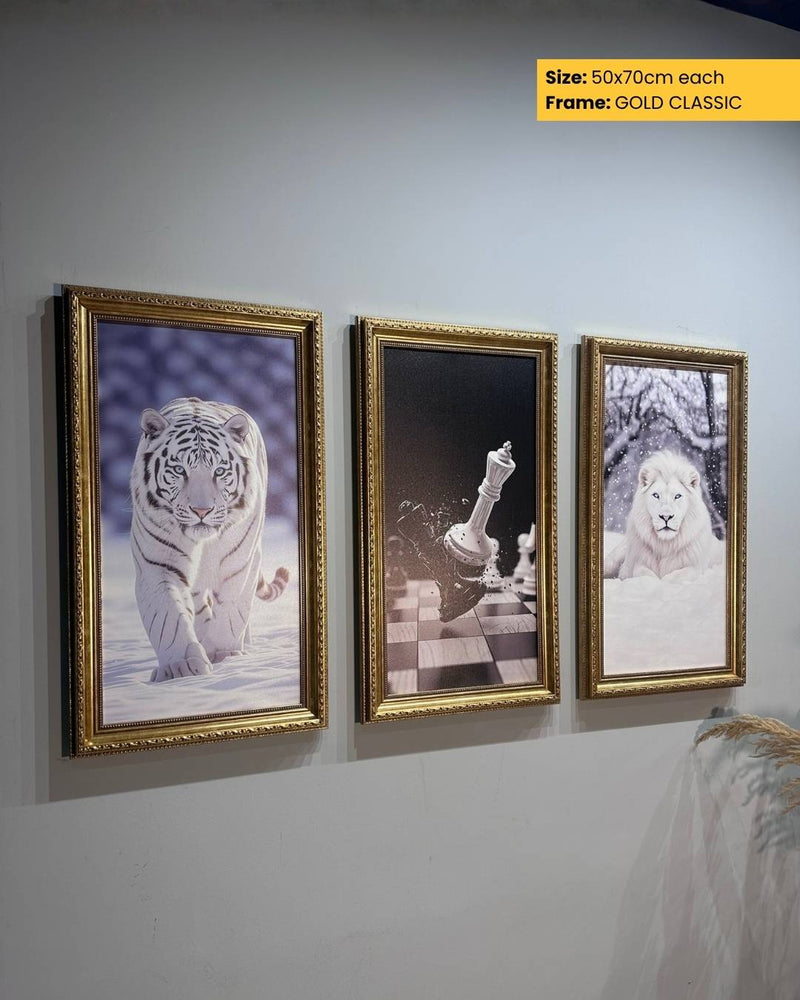 Three framed pictures of tigers on a wall with gold frames.