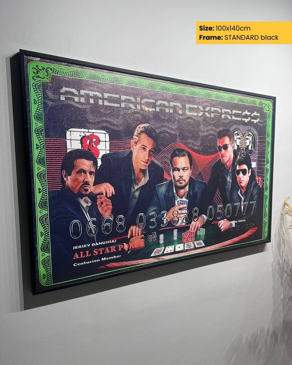 Framed poster of 'American Express All Star Poker' with four men at a poker table on a gray wall.