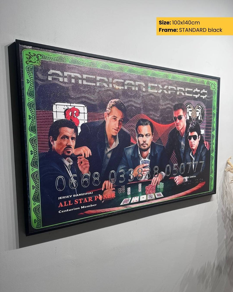 Framed poster of 'American Express All Star Poker' with four men at a poker table on a gray wall.