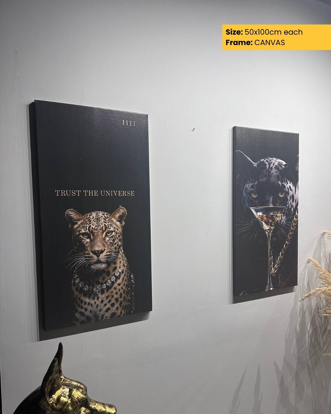 Two wall art pieces featuring leopards on a white wall.