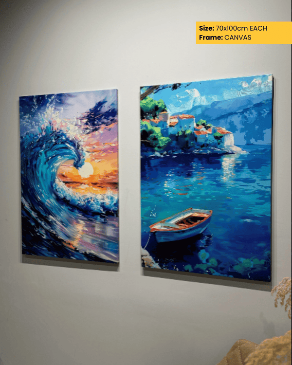 Two canvas paintings of ocean scenes on a wall.