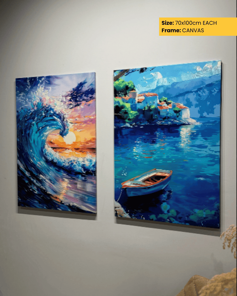 Two canvas paintings of ocean scenes on a wall.