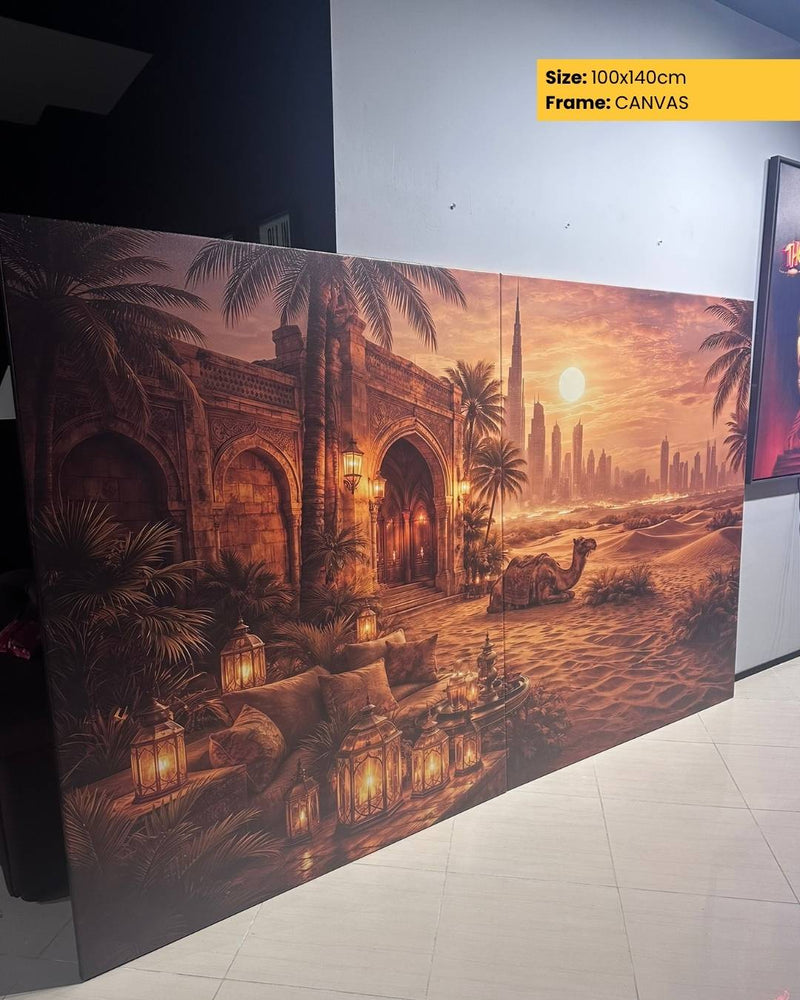 Canvas print of an desert scene with architecture and palm trees, displayed indoors.