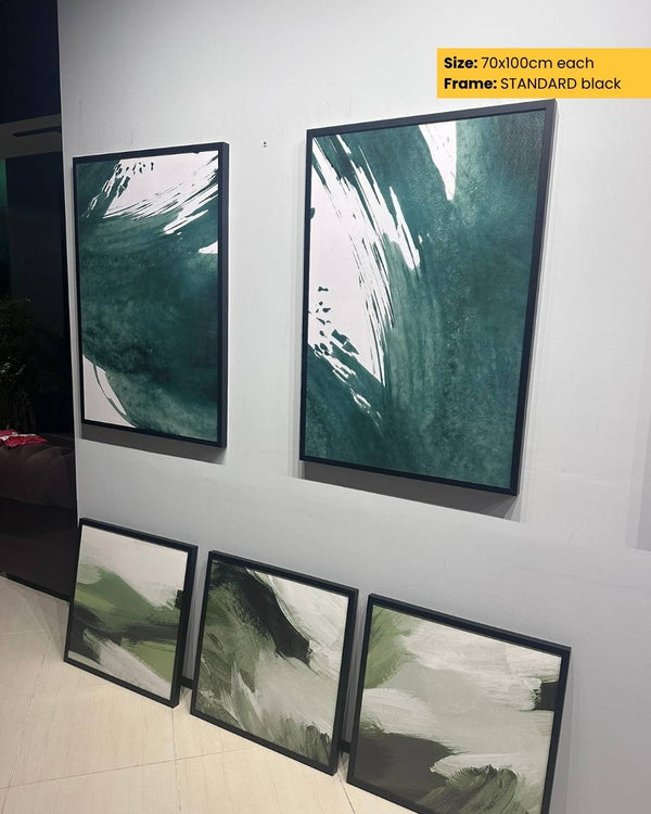 Set of framed abstract artworks on a wall with dimensions and frame color information.