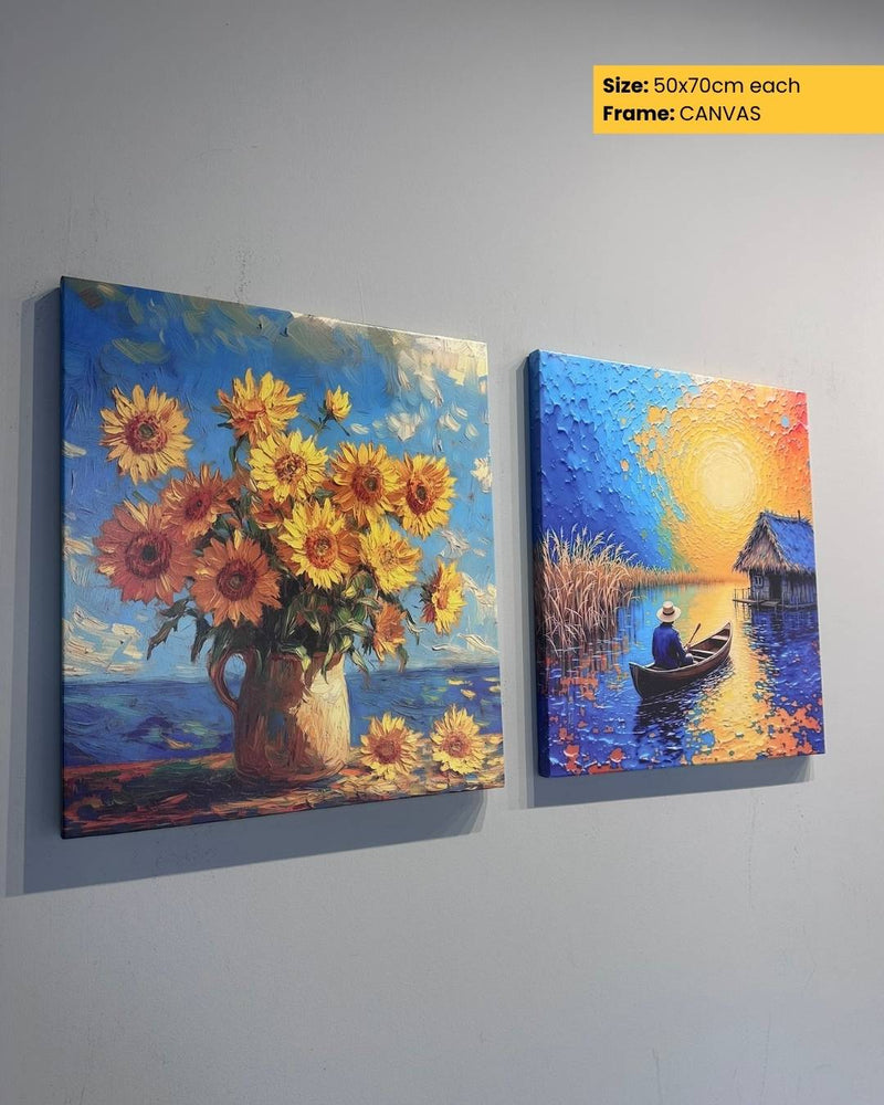 Two colorful paintings of sunflowers and a lake scene on a gray wall.