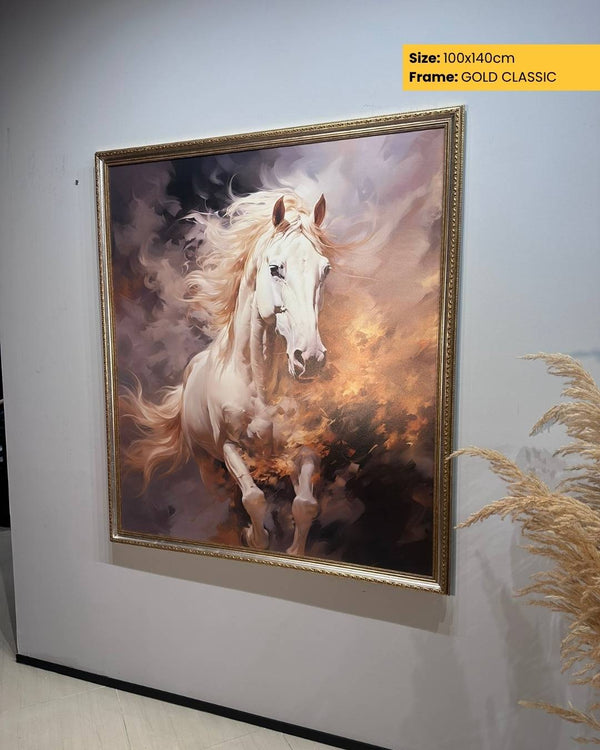 Framed painting of a white horse on a wall with decorative elements.