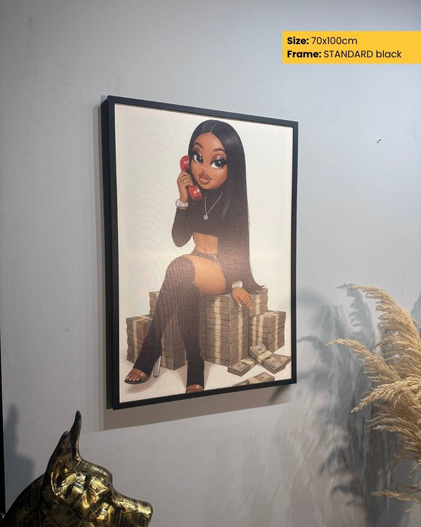 Framed artwork of a stylized woman on a stack of money with a phone to her ear, displayed on a wall.