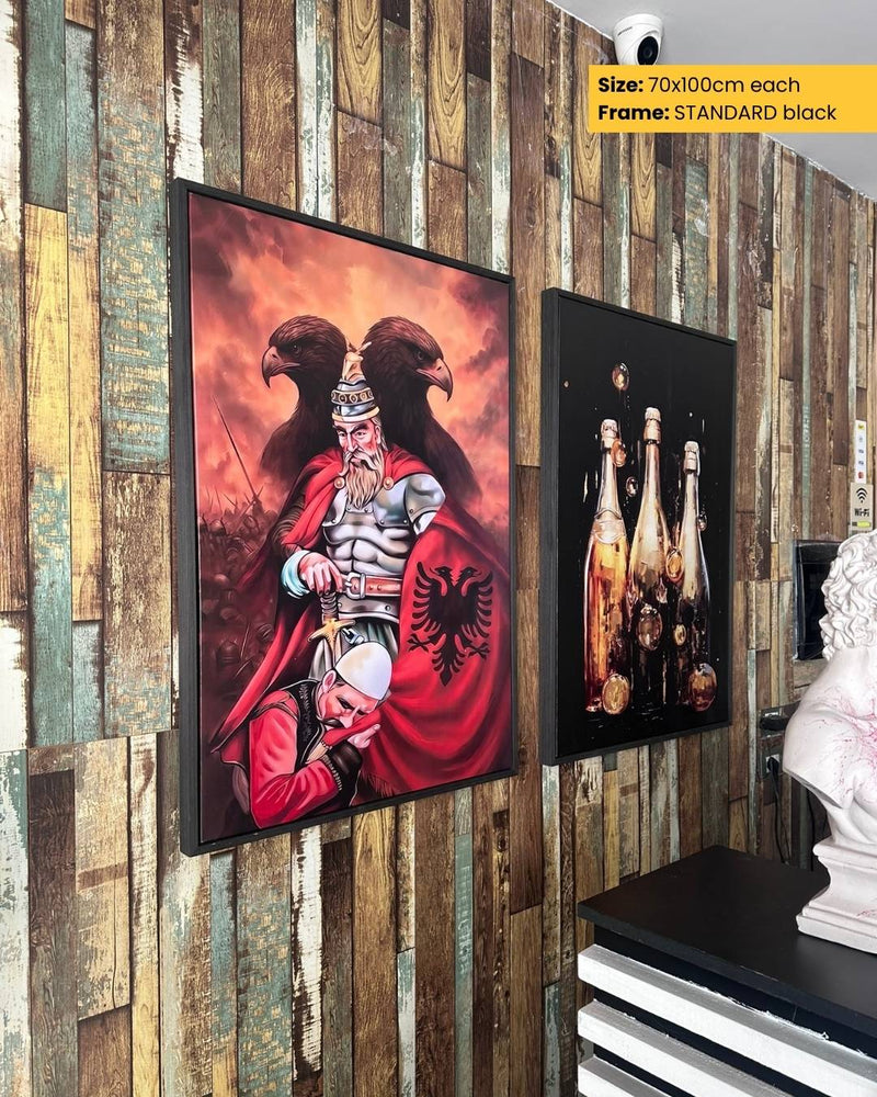 Two framed artworks on a wooden wall with a decorative item below.