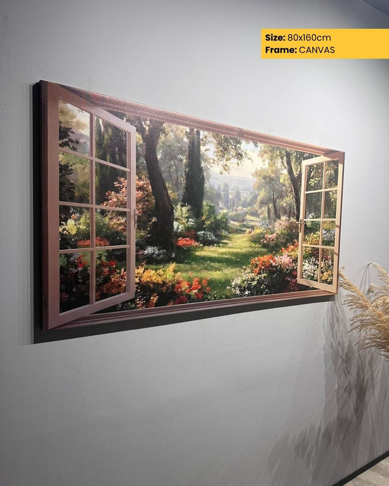 Canvas print of a garden scene with an open window frame on a wall.