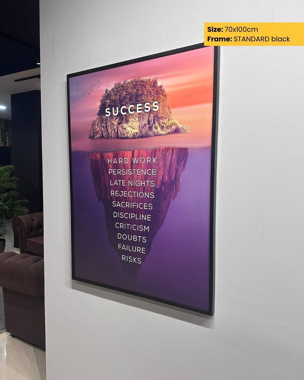 Framed motivational poster with 'SUCCESS' and motivational words on a wall.