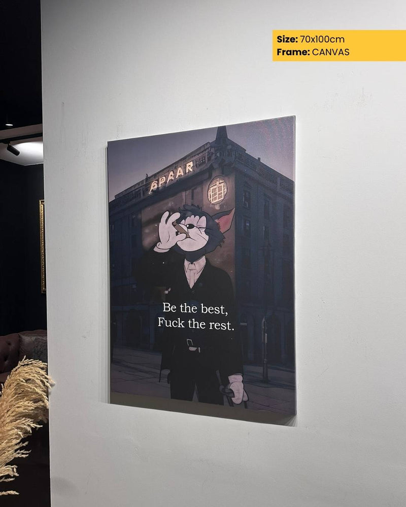 Canvas print with a stylized cat character and text on a building at night.