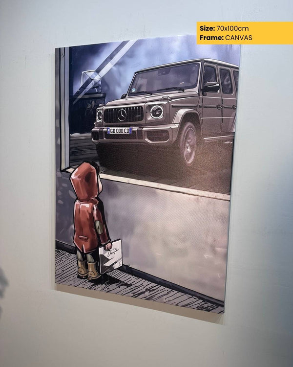 Canvas print of a person in a red coat standing next to a Mercedes-Benz G-Class on a gray background.