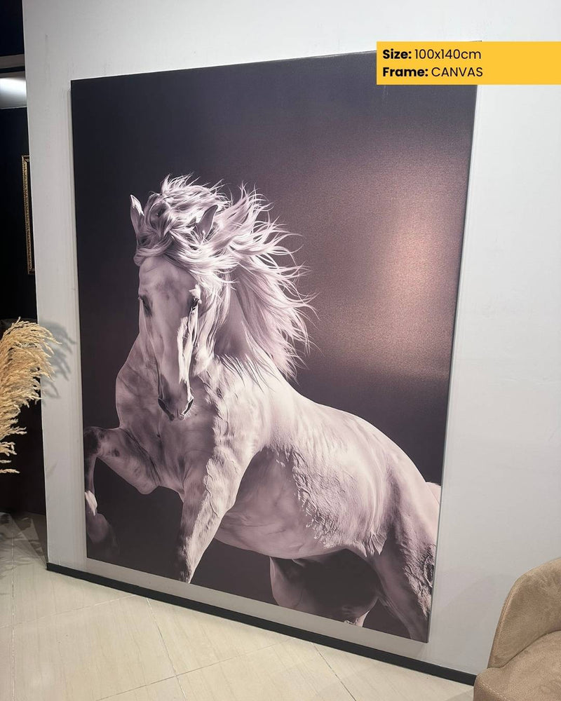 Canvas print of a horse on a wall with dimensions and frame type displayed.