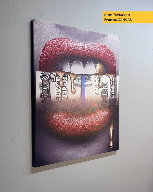 Canvas print of a mouth holding a dollar bill on a white wall.