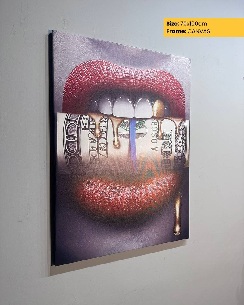 Canvas print of a mouth holding a dollar bill on a white wall.