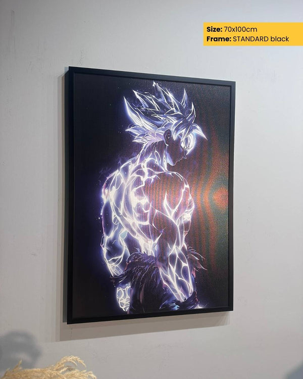 Framed artwork of a stylized character with glowing effects on a white wall.