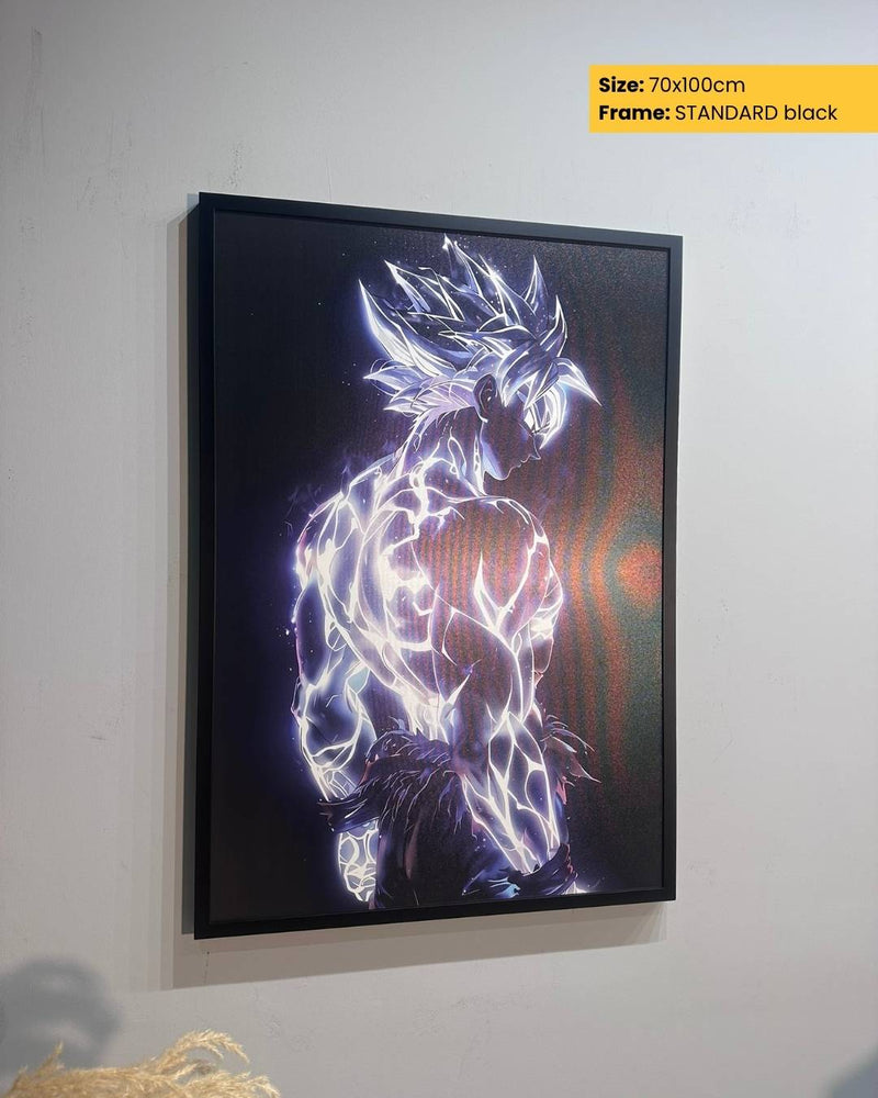 Framed artwork of a stylized character with glowing effects on a white wall.