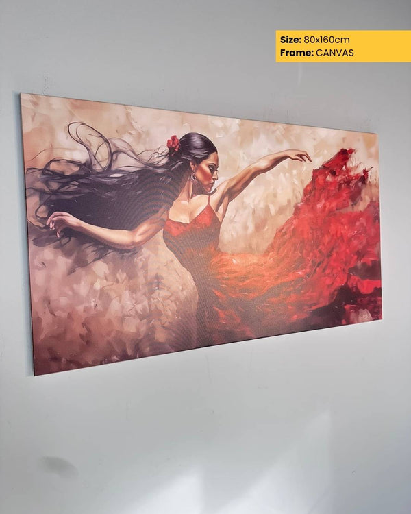 Canvas print of a woman with flowing hair and red dress on a white wall.