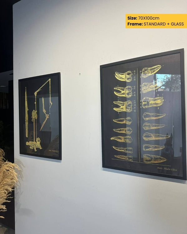 Two framed artworks on a wall, one larger than the other, with text indicating size and frame type.
