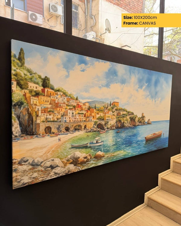 Canvas print of a coastal scene with buildings, boats, and a clear sky.