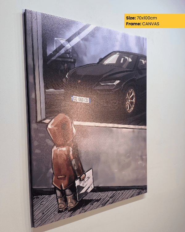 Canvas print of a child in a raincoat looking at a car through a window.