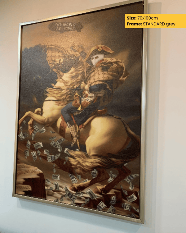 Framed artwork of a person on horseback with money falling, size 70x100cm, framed in standard gray.