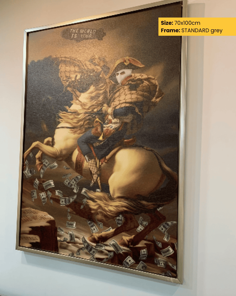 Framed artwork of a person on horseback with money falling, size 70x100cm, framed in standard gray.