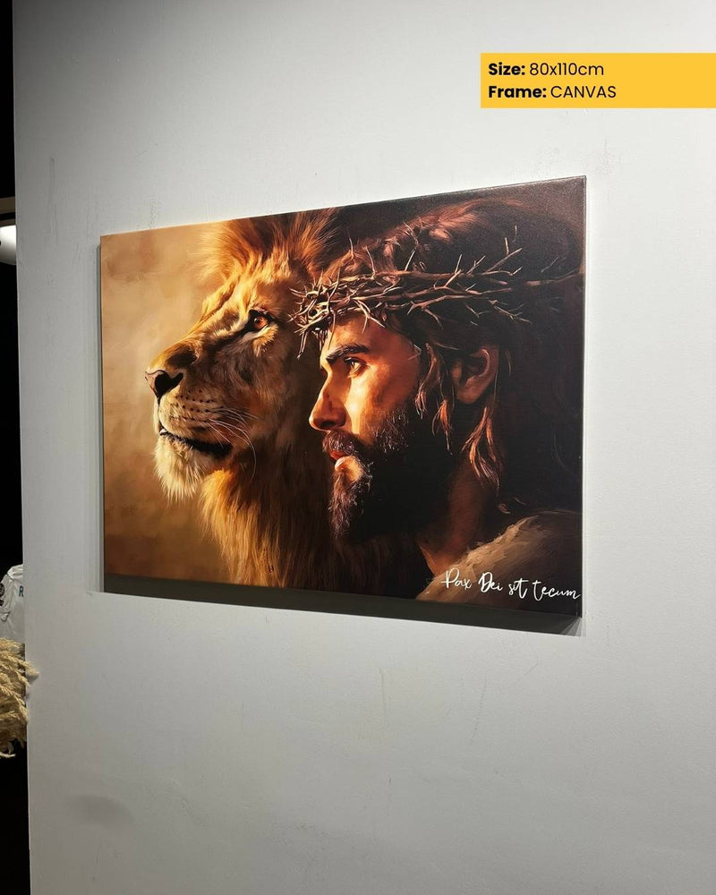 Canvas print of a man with a crown of thorns and a lion on a white wall.