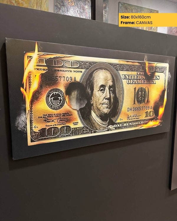Canvas print of a $100 bill with a black frame.