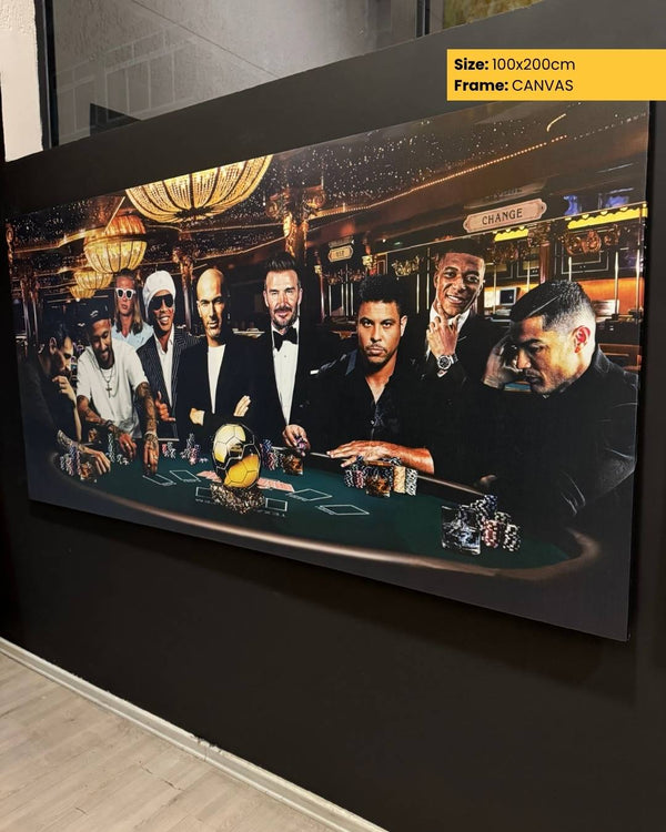 Canvas print of a group of men at a casino table with a chandelier in the background.