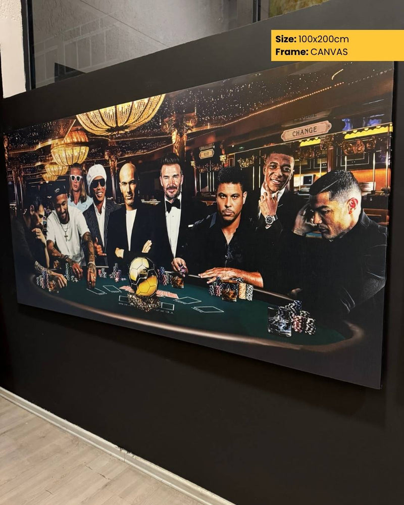 Canvas print of a group of men at a casino table with a chandelier in the background.