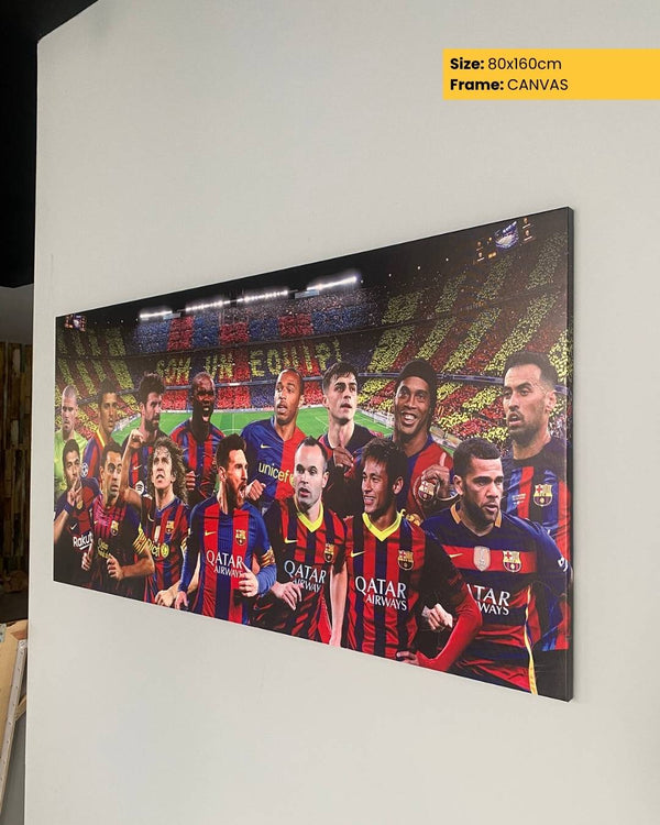 Canvas print of a sports team with stadium background, size 80x80cm, on a white wall.