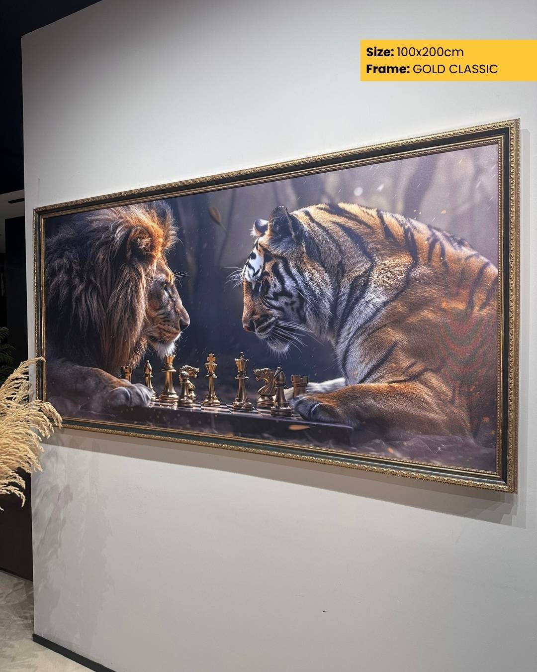 Framed artwork of a lion and tiger facing each other on a chessboard.