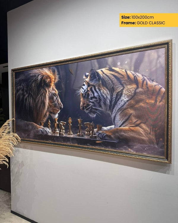 Framed artwork of a lion and tiger facing each other on a chessboard.