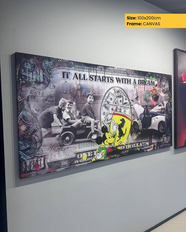 Large canvas print on a wall with various images and text.