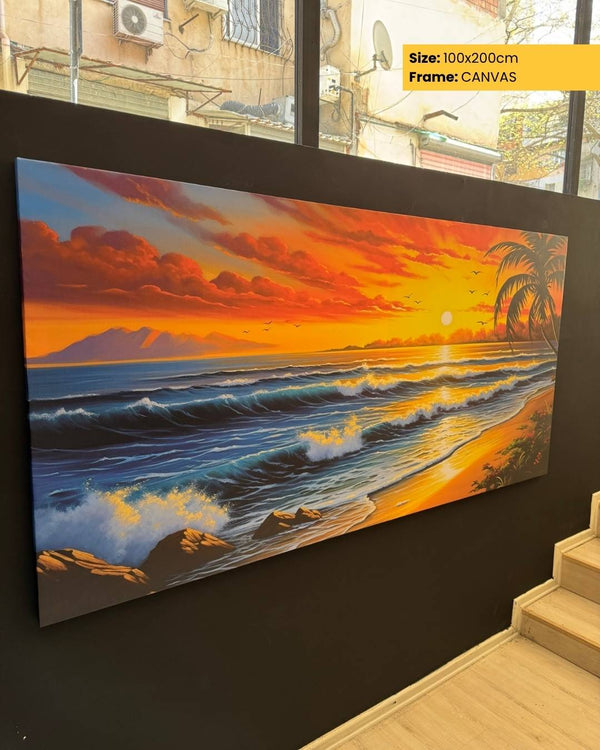 Canvas print of a sunset over the ocean with palm trees, displayed on a wall.