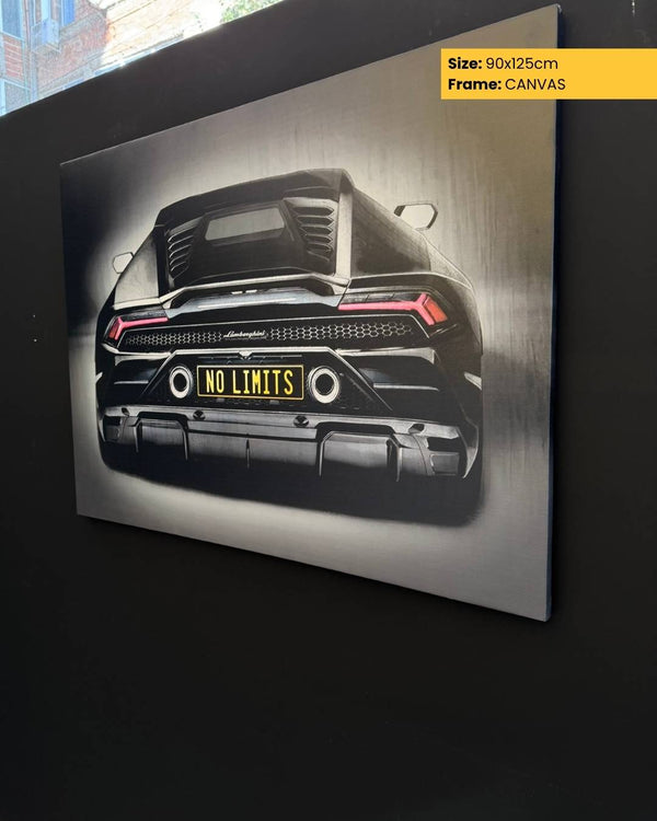 Canvas print of a car with 'No Limits' license plate on a dark background