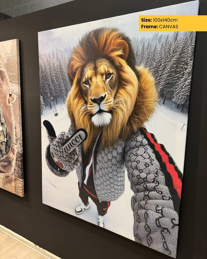 Canvas print of a lion wearing a Gucci jacket on a wall.