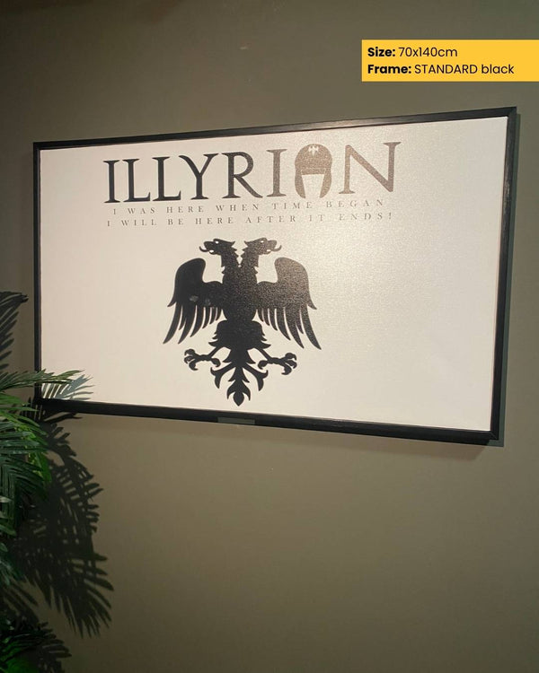 Poster with 'ILLYRIAN' design and eagle emblem on a wall.