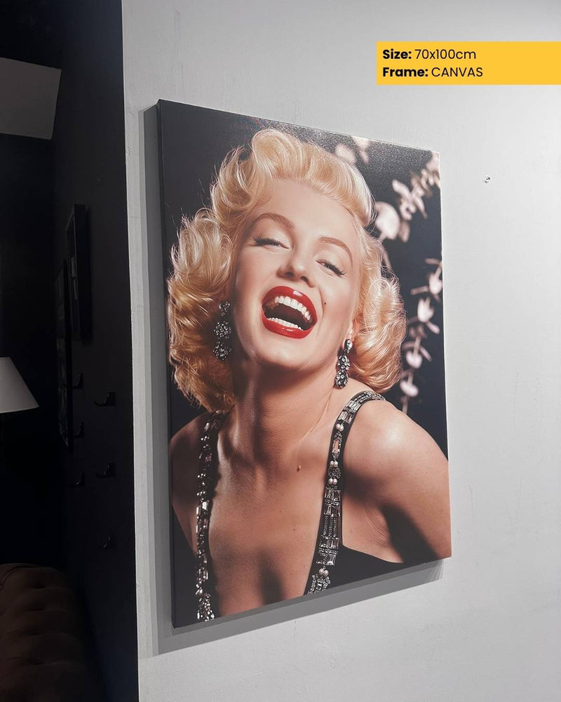 Canvas print of a famous actress with a dark background, displayed on a wall.