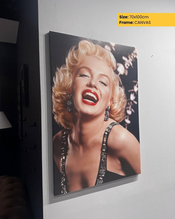 Canvas print of a famous actress with a dark background, displayed on a wall.