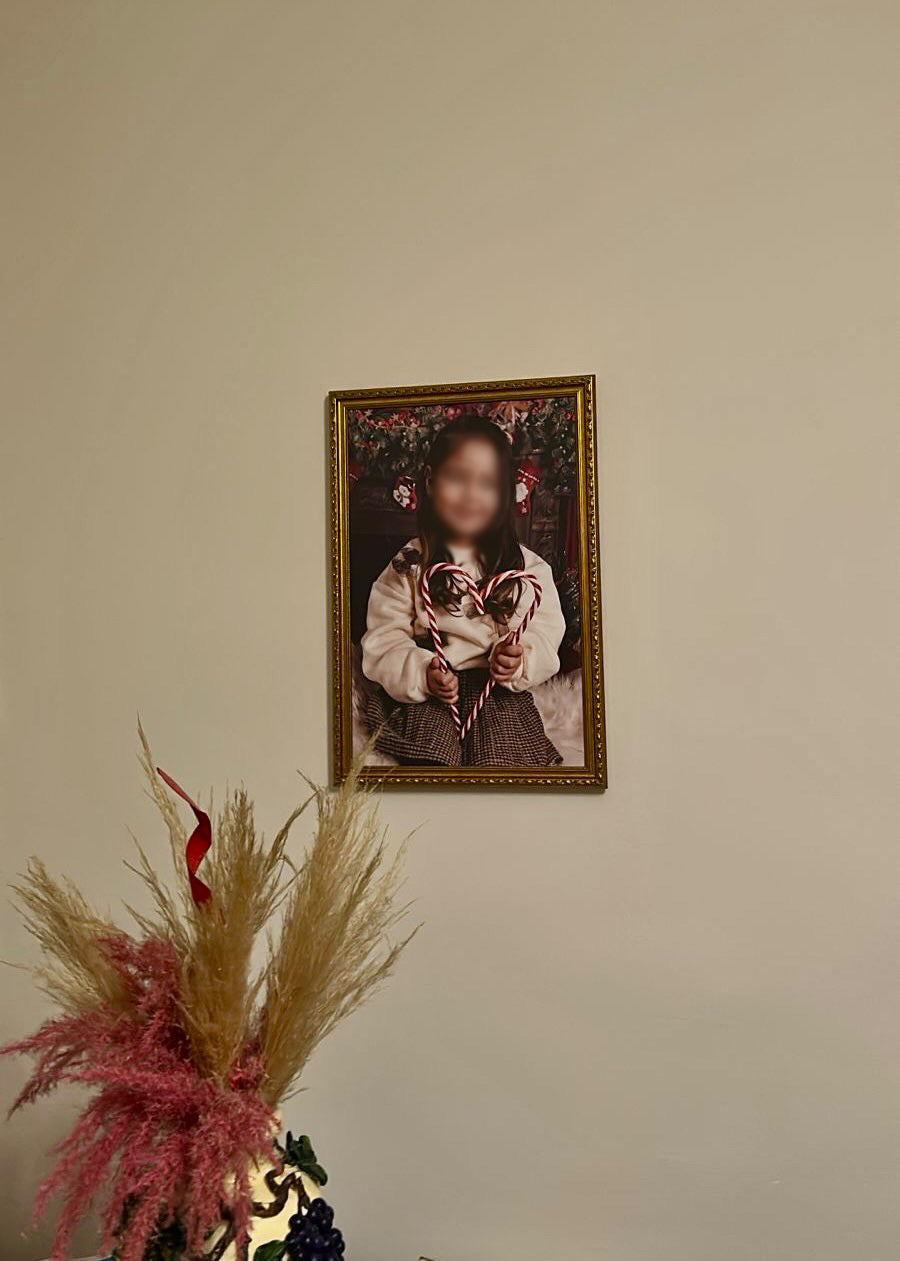 Framed portrait on a wall with decorative plants in the foreground