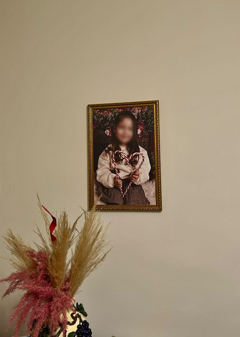 Framed portrait on a wall with decorative plants in the foreground