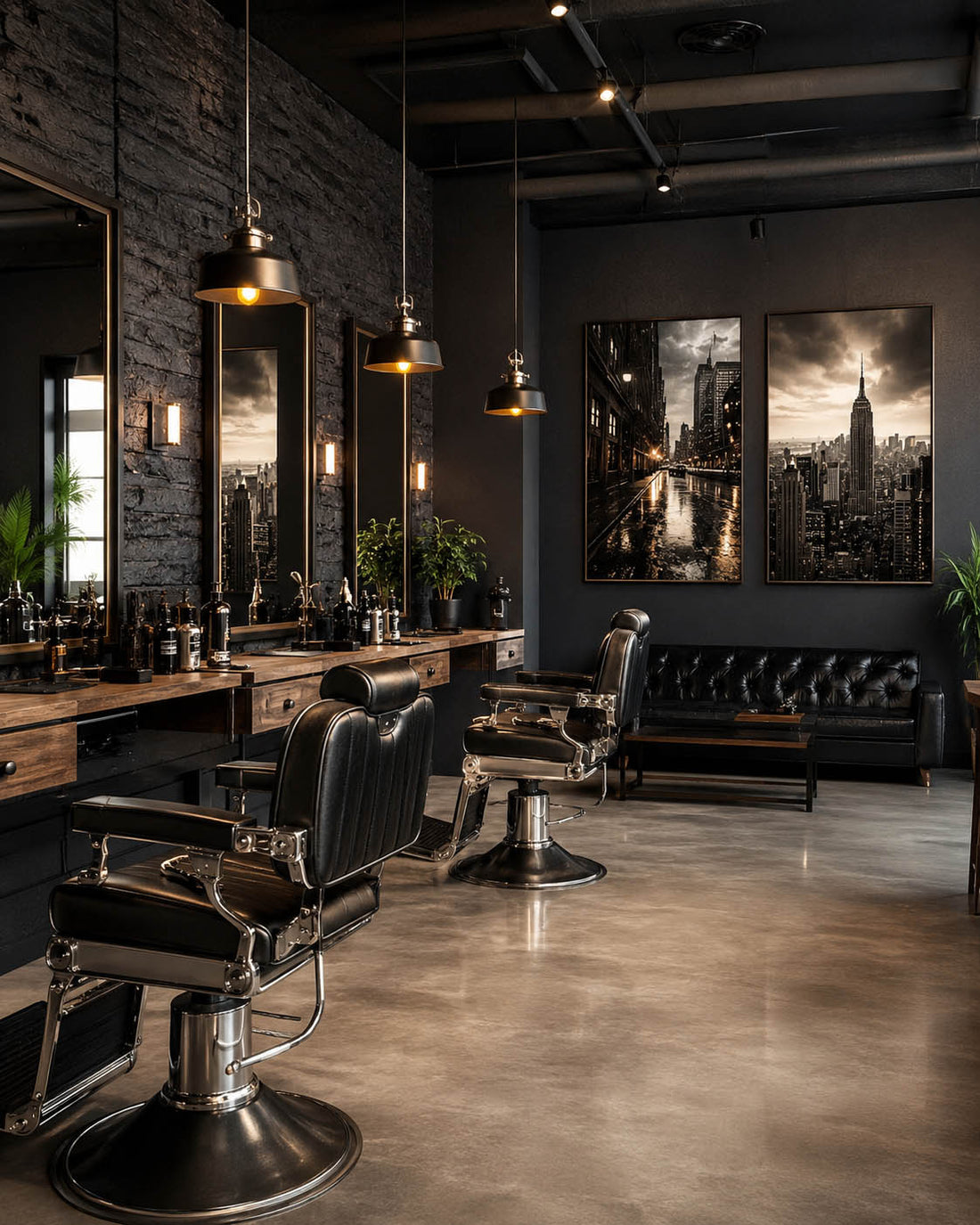 Barbershop modern me karrige profesionale, pasqyra të mëdha dhe panorama urbane bardhë e zi.