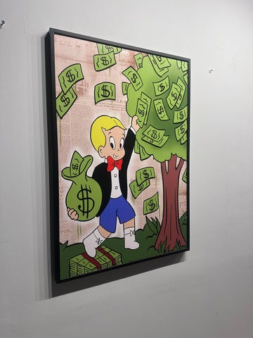 Framed cartoon artwork of a character with money tree and bag on a plain wall.