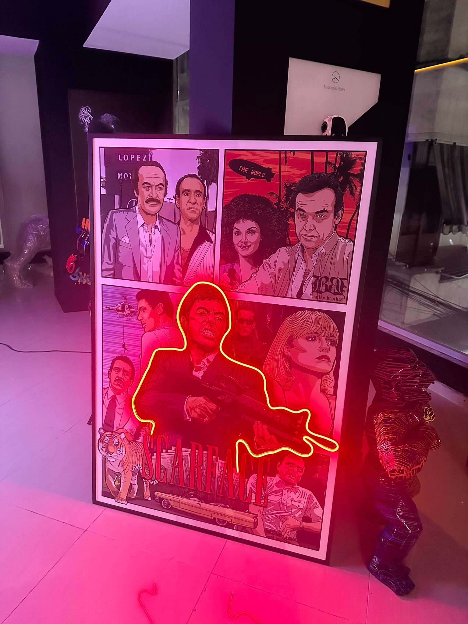 Poster with character illustrations and a neon outline of a person in a room with purple lighting.