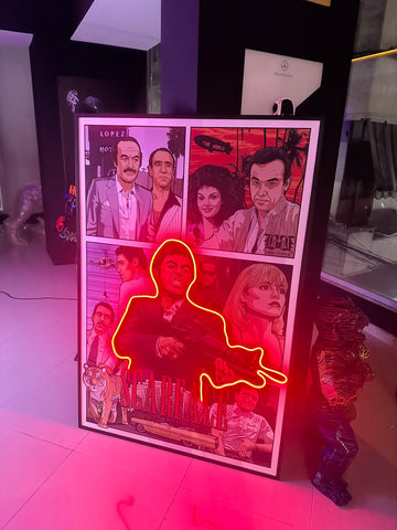 Poster with character illustrations and a neon outline of a person in a room with purple lighting.