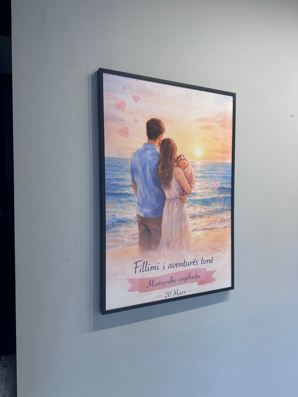Framed artwork of a couple on a beach with hearts and text on a light gray wall.